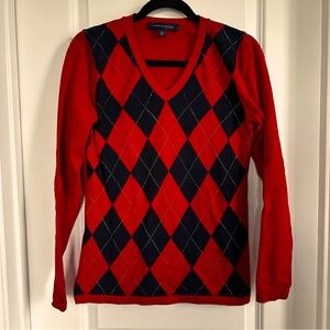 Tommy Hillfiger sweater Red with navy argyle and gold accents.